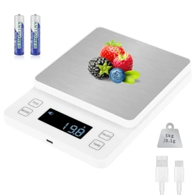 Immagine di Howeifull Bilancia Cucina Digitale, 5 kg/0,1 g Alimenti di Precisione con 10 Unità, Display LCD, USB C Ricaricabile da Superficie Pesatura in Acciaio Inox