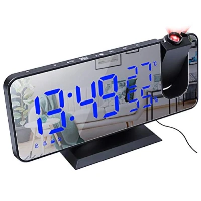Immagine di sveglia digitale, radio proiettore, a specchio alla moda con doppio allarme, 4 luminosità dello schermo regolabile, 8 display, rotazione di 180, cavo USB da 1,5 m, FM