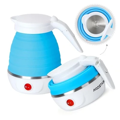 Immagine di Aigostar Sapphire 30LDC Bollitore Acqua Elettrico Piccolo 600ml, Mini da Viaggio Portatile Pieghevole, Base in Acciaio Inox, Spegnimento e Riscaldamento Automatici, Senza BPA, 1000W, Blu