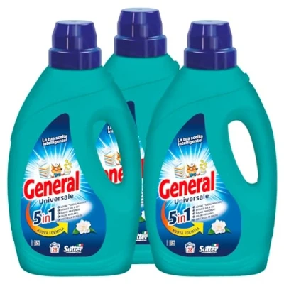 Immagine di General Universale Detersivo Liquido 5in1 per Lavatrice 28 Lavaggi Azione Scioglimacchia a Basse Temperature Capi Bianchi e Colorati 3 Flaconi da 1,26L Ognuno