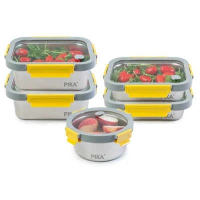 Immagine di PIKA Set di 5 contenitori per alimenti in acciaio inox e coperchio vetro temperato Ermetico leggero Compatibile con microonde, forno, congelatore MetalShock (650ml + 2x820 2x1200ml)