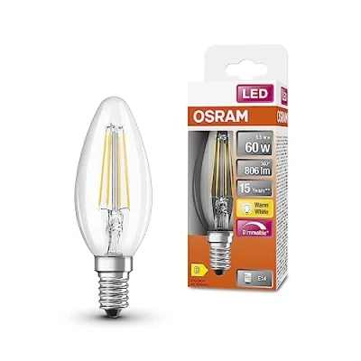 Immagine di OSRAM LED Superstar Classic B60 Dimmibile per base E14, forma delle candele, FIL, 806 lumen, bianco caldo, 2700k, sostituzione lampadine da 60 W convenzionali, 1 pacco
