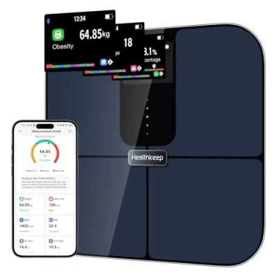 Immagine di Healthkeep Bilancia connessa Bluetooth con display TFT a colori e tecnologia ITO, 25 dati del corpo frequenza cardiaca APP per Andriod iOS 180kg/400lb/28st, blu