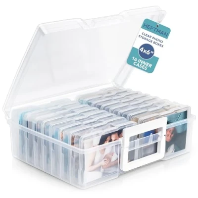 Immagine di HEFTMAN 4 x 6 scatole per foto, trasparenti, con 16 custodie interne contiene 1600 scatola trasparente semi