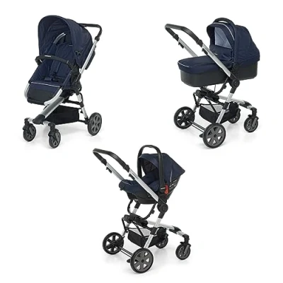 Immagine di Foppapedretti Trio Supertres I Size, Sistema Modulare Combinato per Bambini, Navicella Passeggino e Seggiolino auto Maniglione Poggiagambe Regolabili, conforme ECE R129, Navy