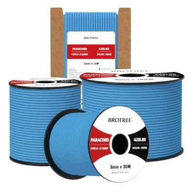 Immagine di Brotree Paracord 3mm 15M Corda 100% Nylon Tipo II 3 Fili 425 per Esterno, Artigianato, Fatto a Mano 192 kg Carico di Rottura (Azzurro Cielo)