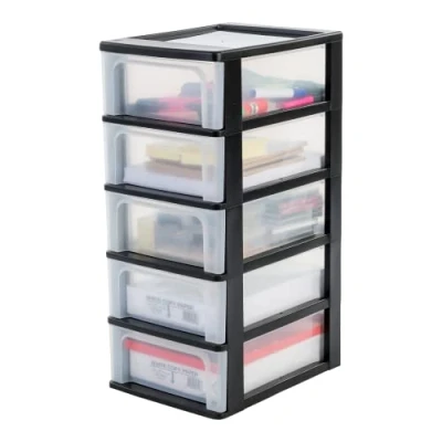 Immagine di Iris Ohyama Cassettiera in Plastica, Portaoggetti, 5 Cassetti Medi, Nero, Apertura Facile, Formato A4, A5 e A6, Organizzatore, Per Ufficio, Scuola, Cartoleria, Senza BPA, Contenitore, OCH 2005