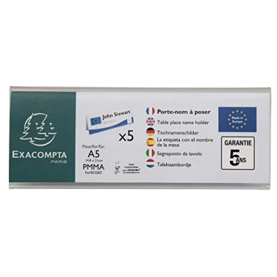 Immagine di Exacompta Rif. 85358D Set di 5 portanomi (A5 piegato) orizzontale Office Dimensioni 210 x 75 mm PMMA (acrilico) tavolo, esposizione, reception, ufficio, negozio, ristoranti colore cristallo