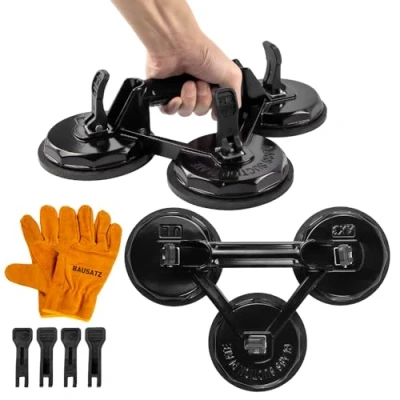 Immagine di BAUSATZ 140kg Ventose per Aspiratori di Vetro Sollevatori Sollevare Grandi Piastrelle Aspirazione Sollevatore Auto Dent Puller (Alluminio, Nero, 3 Artiglio, 2 Pacchi)