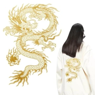 Immagine di Patch di Draghi Dorati Ricamato Applique Cinese Drago Cucire O Ferro su per Costume Fai Te, Giacche, Abbigliamento, Borse
