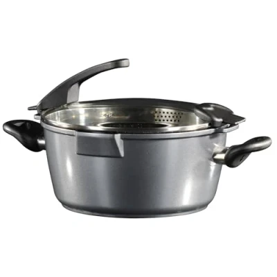 Immagine di Stoneline Future Casseruola in Ghisa, 24 cm, Coperchio Vetro Forato per Scolare I Liquidi, Rivestimento Antiaderente
