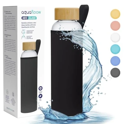 Immagine di Aquafloow Borraccia con Custodia 700 ml in Vetro, Borosilicato Trasparente Coperchio Protettivo e Tappo a Vite Ideale per Lavoro, Scuola, Fitnes Nero