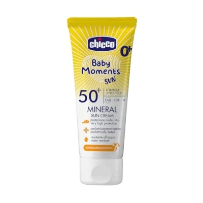 Immagine di Chicco Crema Solare Minerale SPF 50 +, per Bambini, Resistente all&#039;Acqua, Ottima Protezione Contro UVA, UVB e Infrarossi, 0 Mesi 75 ml