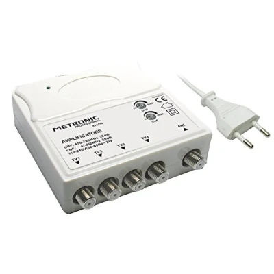 Immagine di Metronic 414114 Amplificatore TV Vhf/Uhf per Digitale Terrestre con Filtro Lte, Vhf 20Db e Uhf 28Db Regolabili, 1 Ingresso/4 Uscite, da Interno, Bianco