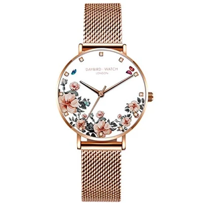 Immagine di RORIOS Orologio Donna Analogico Al Quarzo da Polso Acciaio INOX Mesh Cinturino Elegante Fiore per Ragazze