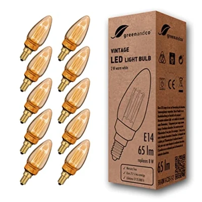 Immagine di greenandco 10x lampadina a LED di design vintage in stile retrò E14 C35 2W 65lm 1800K 320 230V, ambra, nessun sfarfallio, non dimmerabile