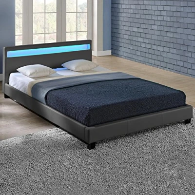 Immagine di Corium Struttura Letto Imbottito a Testiera Alta con Illuminazione LED e Telecomando Francese 140x200 cm Rivestimento in Similpelle Grigio Scuro