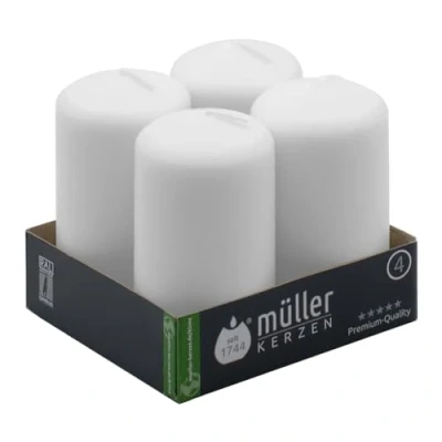 Immagine di Müller Candele Bianche a Colonna Cilindriche, Set di 4 Candele, dim. 48 x 90 mm, Colore Bianco, Lunga Durata 16 Ore, Cera Antigoccia, Inodore, Qualità RAL