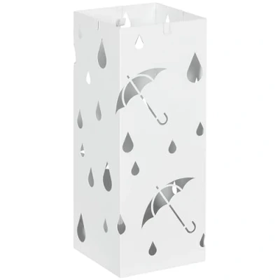 Immagine di HOMCOM Portaombrelli in Metallo con 4 Ganci, Porta Ombrelli di Design Vaschetta Scolapioggia e Decorazioni, 15.5x15.5x41cm, Bianco