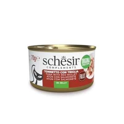 Immagine di Schesir, Filetti di Tonno con Triglia in Gelatina, Cibo Umido Complementare per Gatti, Ricetta Originale, 100% Naturale, 12 lattine da 70g