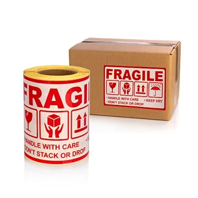 Immagine di MD Labels etichette di avvertimento su rotolo 90 x 150 mm 100 pezzi handle with care keep dry don&#039;t stack or drop this way up carta autoadesiva