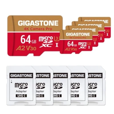 Immagine di Gigastone Scheda di memoria da 64 GB, confezione 5 schede, 4 K, fotocamera Pro, compatibile con GoPro Switch, velocità 95 MB/s. Micro SDXC A2 U3 V30 adattatore SD.