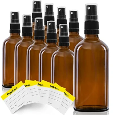 Immagine di Oputec 10 flaconi spray in vetro da 100 ml con nebulizzatore e etichette per l&#039;etichettatura, bottiglie di ambrato pompetta fine
