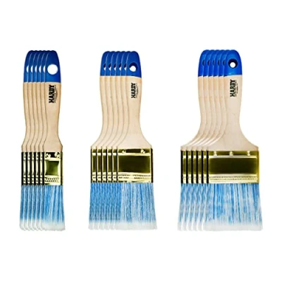 Immagine di HARDY Spazzola piatta Serie 42 per dipingere con colori acrilici e vernici Setole sintetiche manico in legno a copertura efficiente uniforme Set 18 pezzi 3 misure
