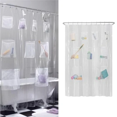 Immagine di MAYTEX Rete Tenda da Doccia e Organizer per Vasca Bagno in PEVA con 9 Tasche portaoggetti, Eva, Fodera Trasparente, 70 Inches x 72