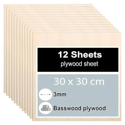 Immagine di 12 pezzi Compensato 3mm, Legno di Tiglio 30 x cm, Fogli Compensato, Sottili per Modellare, Pannelli Taglio Laser, Pirografia