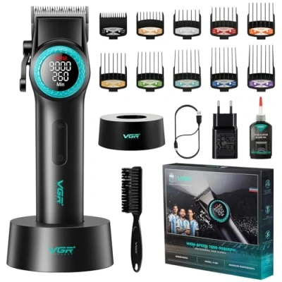 Immagine di VGR 001 Tagliacapelli professionale da uomo, senza fili, per tagliare i capelli, lama in acciaio al carbonio, barbieri, 9000 giri/min, display a LED, nero