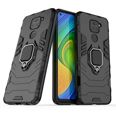 Immagine di Cover per Xiaomi Redmi Note 9 con Anello, Custodia Supporto Magnetica Rigida Resistente Antiurto Doppio Strato Protettiva Calamita Bumper Case (Xiaomi 9, Nero)