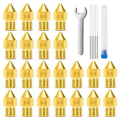 Immagine di MMOBIEL 20 pz. ugelli estrusore E3D per stampante da 0,6 mm in ottone V5 V6 3D filamento 1,75 inclusi chiave M7 e 5 aghi pulizia