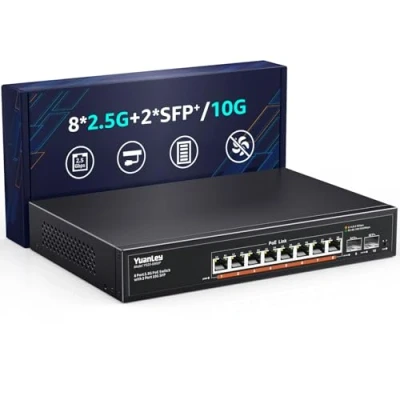 Immagine di YuanLey 9 Port 2.5G Poe Switch Non Gestito, 8 Porte 2,5G Base T, 10G SFP, IEEE802.3af/at, 120W, Compatibile con 100/1000/2500Mbps, Metallo Senza Ventola, Montaggio a Rack di Rete 2.5Gbe