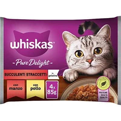 Immagine di Whiskas Pure Delight Succulenti Straccetti, 1+ Anni, Cibo Umido per Gatto, 13 Confezioni ognuna da 4 Bustine 85 g (52 in Totale)
