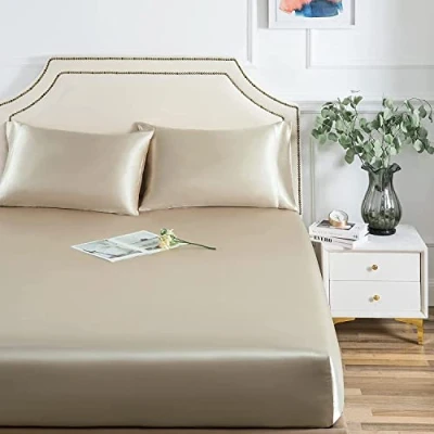 Immagine di Damier Lenzuolo con angoli elasticizzati in raso, 90 x 200 cm, beige e seta lucida, di alta qualità, adatto per materassi fino a 25 cm