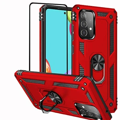 Immagine di Custodia Per Samsung Galaxy A52 5G/A52S 5G/A52 4G,Pellicola Protettiva Schermo,Anello Metallico Girevole a 360 gradi Con Protezione schermo, Angoli rinforzati in TPU A52S 5G 6,5&quot; Rosso