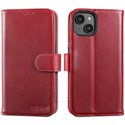 Immagine di Lensun Cover per iPhone 14, Custodia in Vera Pelle [Funzione Supporto] Libro con Portafoglio Chiusura Magnetico Flip Custodie Cuoio Telefono 14 Vino Rosso
