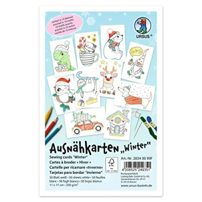 Immagine di URSUS Cartoon 10154132 Carte da Cucire per Bambini, 50 Ricamo Bianche con 10 Motivi Invernali prestampati, Circa 11 x 17 cm, ricamare e colorare, Multicolore, 28340099F