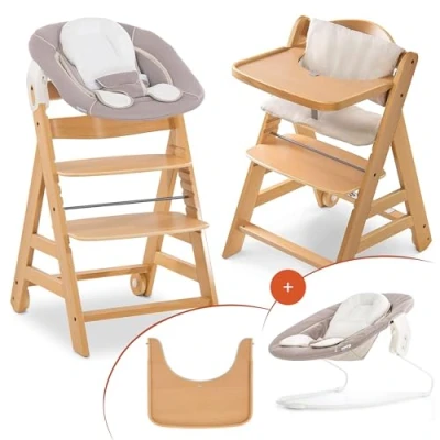 Immagine di hauck Seggiolone Pappa In Legno Alpha Move Newborn Set Evolutivo Da 0 Mesi con Sdraietta Dondolo Neonati, Cuscino e Vassoio Legno, Beige