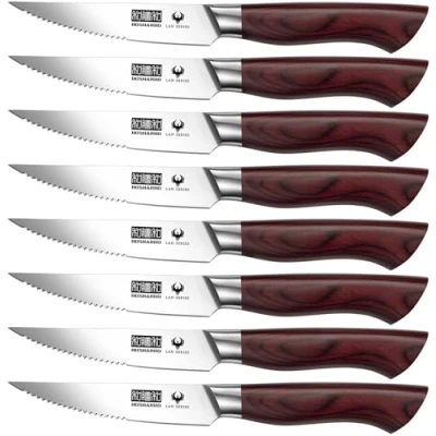 Immagine di HOSHANHO Coltelli da Bistecca Set, 8 pezzi Coltello in Acciaio Inossidabile Tedesco di Alta Qualità, Lama Seghettata Ultra Affilata e Manico Ergonomico Legno