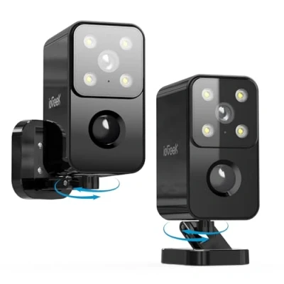 Immagine di ieGeek Rotazione 180 Gradi Telecamera Wi Fi Esterno Senza Fili, Videocamera Batteria Interno con Visione Notturna a Colori, Rilevazione di Movimento PIR, Allarme, Audio 2 Vie, S3 Nero Pezzi