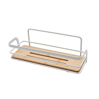 Immagine di Mensola Doccia portaoggetti, in Acciaio, 1 ripiano bambù L 26 x p 10 H 9 cm, Include Kit Fissaggio, Linea Haiti