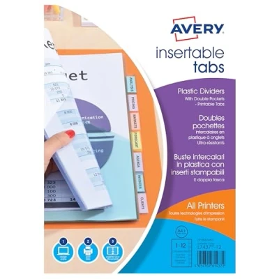 Immagine di Avery 05624501 Buste Intercalari Trasparenti, Colorate in Polipropilene Personalizzabili, 12 Tasti 260x300x9