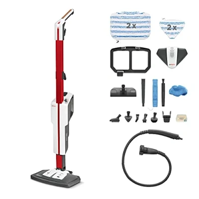 Immagine di Polti Vaporetto SV650 Style, Scopa a Vapore con Pulitore Portatile Integrato, Potenza Max 1500 W, 19 Accessori, Filtro Anti Calcare, Autonomia Illimitata, Parking Verticale, Rosso e Bianco