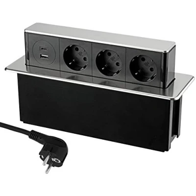 Immagine di Ciabatta elettrica da incasso A 3 scomparti, in alluminio, ingressi USB e C, con ammortizzazione