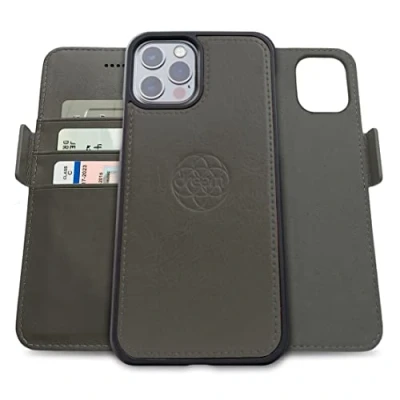 Immagine di dreem Fibonacci compatibile con iPhone 13 Pro custodia a portafoglio/custodia antiurto 2 in 1 e folio pelle vegana staccabile, MagSafe, protezione RFID [Grigio]