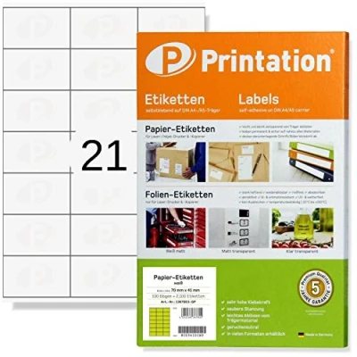 Immagine di Printation Etichette 70 x 41 mm Confezione di adesive A4 per Stampante, 2100 Indirizzi 70x41 100 fogli da 3x7 21 Foglio, Bianco bianche