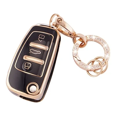 Immagine di Koaudb Cover per Portachiavi Auto Adatta Audi A1 A3 A4 A6 A8 Quattro Q3 Q7 S3 S6 RS3 RS6 R8 TT TTS 3 Pulsanti Flip Custodia Morbida Guscio Chiave in TPU con Oro Nero (R Ad B)