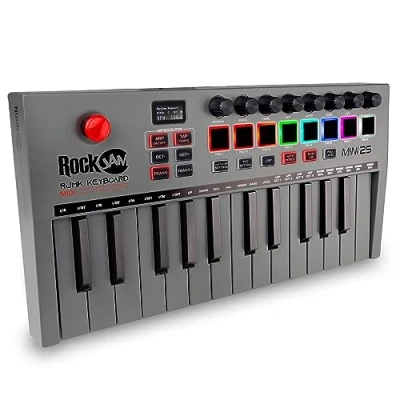 Immagine di RockJam Go 25 Key USB &amp; Bluetooth MIDI Keyboard Controller con 8 Drum Pad Retroilluminati, Manopole